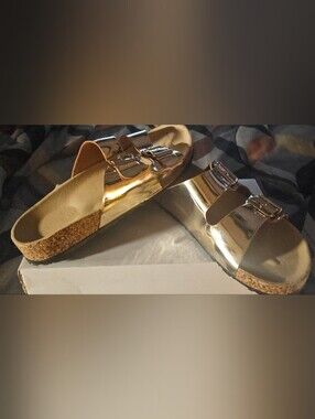 Women’s Metallic Gold Cork Footbed Slide Sandals